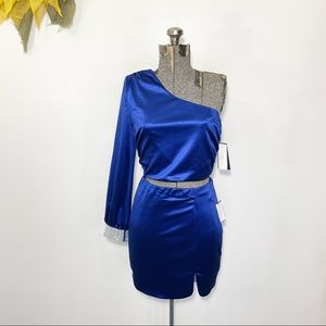 NWT Royal blue two-piece one shoulder crop top & body con mini skirt